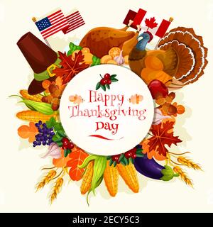 Alles Gute Zum Erntedankfest. Vektor rund Aufkleber Etikett mit Text Thanksgiving Day. Kreis Emblem mit Design der traditionellen Feier türkei, Füllhorn Stock Vektor