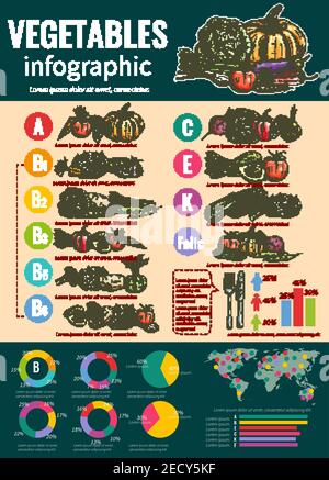 Gemüse Infografiken Design-Vorlage mit Liste von frischem Gemüse und ihre Vitamingehalt, gesunde Ernährung und Ernährung Tipps, Tortendiagramme und Stock Vektor