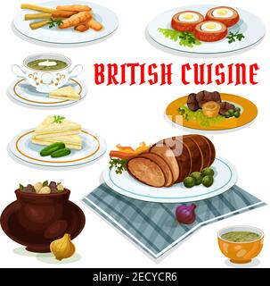 Britische Küche Cartoon-Ikone mit Fisch und Pommes frites, Gemüse irish Eintopf, Roastbeef mit yorkshire Pudding, gebackenes Rindfleisch, Gurken-Sandwiches, Brunnenkresse Stock Vektor