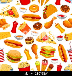 Fast Food Nahtloses Muster. Vector Muster von Snacks und Getränke Cheeseburger, Hühnerschenkel und Pommes, Hot Dog und Tacos, Sandwich, Kaffee und Donut, ke Stock Vektor