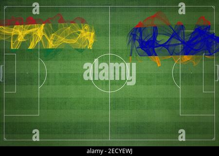 Bolivien vs Armenien Fußballspiel, Nationalfarben, Nationalflaggen, Fußballplatz, Fußballspiel, Wettbewerbskonzept, Kopierraum Stockfoto