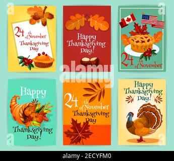 Thanksgiving Day Grußkarten Set. Design von Danksagungsemblemen, Flyer, Aufkleber mit Elementen der traditionellen türkei, Kuchen mit kanada und amerika Stock Vektor