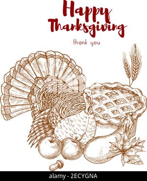 Thanksgiving Urlaub Skizze türkei, Kuchen, Ernte. Vector Elemente der traditionellen Danksagung Feier Abendessen Mahlzeit im Retro-Stil Stock Vektor