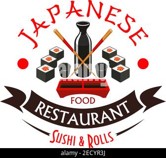 Japanisches Sushi und Rollen Restaurant Emblem. Vektor-Symbol mit Sushi, Rollen, Sojasauce Flasche, Essstäbchen Band, Text. Japanische Küche Restaurant labe Stock Vektor