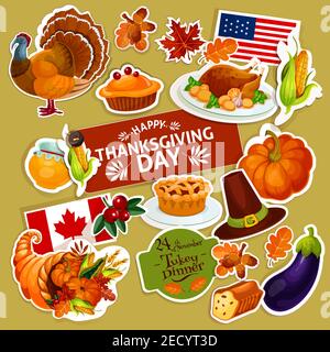 Thanksgiving Feier Sticker Set. Isolierte Dekorationsaufkleber mit Schnittlinie. Vektor-Symbole der Danksagung Tag türkei, Füllhorn, Gemüse h Stock Vektor
