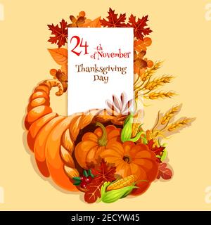 Thanksgiving Grußkarte. Cornucopia Ernte Emblem. Vector Element von reichlich Food Horn auf orangenen Hintergrund für traditionelle Danksagung celebratio Stock Vektor