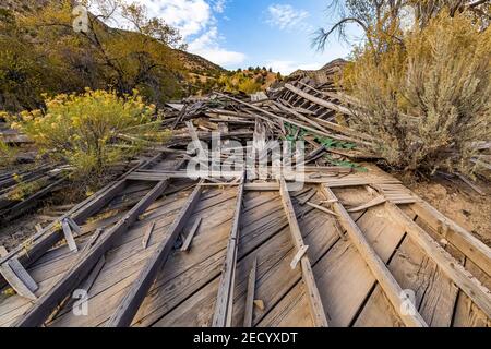 Eingestürztes Gebäude in der alten Geisterstadt Sego, Utah, USA Stockfoto