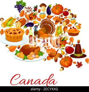 Thanksgiving Feier Feiertag Symbole in kanada Karte. Vektor-Elemente der traditionellen Danksagung Tag türkei, Kürbis, Pilgerhut, Lebensmittel viel, cor Stock Vektor