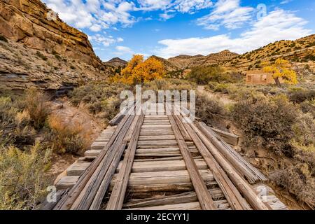 Old Denver & Rio Grande Western Railroad Brücke in der alten Kohlebergbau Geisterstadt Sego, Utah, USA Stockfoto