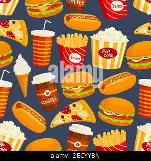 Fast Food Nahtloses Muster. Vektor-Muster von Snacks und Getränken Hot Dog, Cheeseburger, Popcorn, pommes Frites, Pizza-Scheibe, Sandwich, Kaffee, Soda, dri Stock Vektor