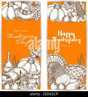 Thanksgiving Tag Grußbanner mit skizzierten traditionellen Danksagung Design des Tisches viel Essen, gebratenen truthahn, Gemüse Ernte, Kürbis Stock Vektor
