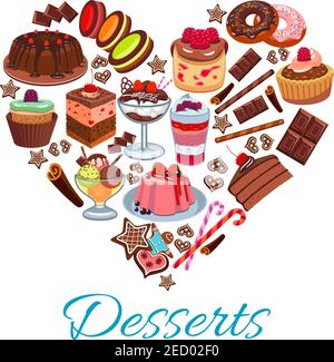 Süße Herzform mit Vektor-Desserts Elemente von Schokoladenkuchen, Erdbeere Cupcakes, Obstkuchen und Torten, Vanille-Muffins, Himbeer-Pudding, coo Stock Vektor