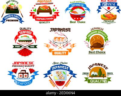 Japanische Küche und Meeresfrüchte Restaurant Emblems. Sushi, Brötchen, Meeresfrüchte, Lachs und Sashimi, Wasabi und gedämpfter Reis, Bambus, Essstäbchen und Tee. Orientalisch Stock Vektor