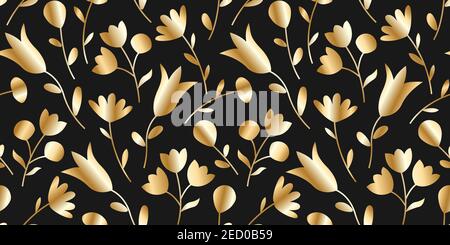 Vektor Gold und schwarz nahtlose Muster mit handgezeichneten Blumen und Tulpen. Schöne florale Hintergrund. Moderne goldfarbene Glitzerstruktur. Stock Vektor