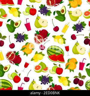 Frische reife Früchte, Beeren und saftige Getränke Muster. Vektor-Muster von Wassermelone und Granatapfel, Kirsche und Orange, Zitrone, Traube und Birne, Apfel und Stock Vektor