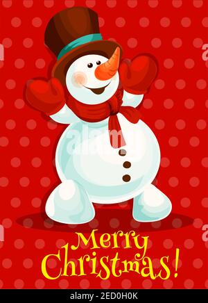 Weihnachten Schneemann Grußkarte Design. Cartoon Schneemann in rot Schal, Handschuhe und Zylinderhut mit glücklich lächelnd Gesicht. Frohe Weihnachten und ein glückliches neues Jahr p Stock Vektor