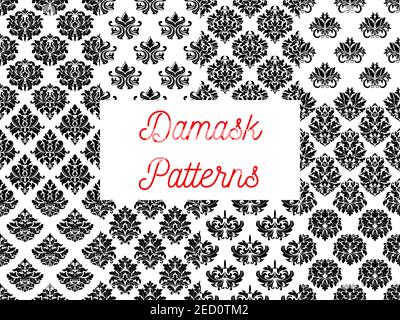 Damast nahtlose dekorative Ornamentmuster. Stilisierte Blumenmuster im barocken Damast-Stil. Klassische und Vintage-Fliesen mit verziertem floralem schwarzem Vec Stock Vektor