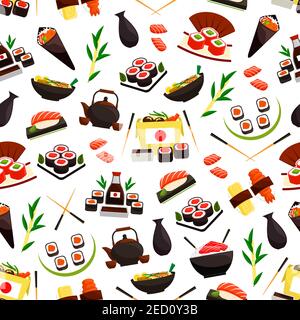 Japanische Küche Meeresfrüchte Muster. Vektor nahtlose Muster von Sushi-Rollen, Lachs Fisch Sashimi, gedämpfter klebrigen Reis, roten Kaviar, Ingwer, Sojasauce. Ori Stock Vektor