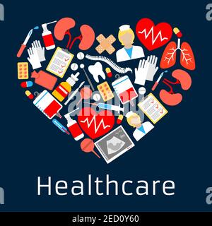 Herz-Form-Emblem mit Medizin-Symbole. Vector Kardiologie medizinische Symbol aus dem Gesundheitswesen equimpnet und Medikamente Spritze, Pillen, Arzt, Tropf Stock Vektor