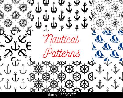Nautische und marine Konzept Muster gesetzt. Vektor-Muster von Anker auf Kette, Schiff Schiff Lenkrad, Kompass Pfeile, Yacht Silhouette Stock Vektor