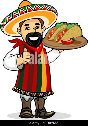 Ikone der mexikanischen Küche. Lächelnder Latino Koch Koch in Nationalkleidung Poncho, Sombrero, Schnurrbart halten Menü Karte Vorlage und würzige Tacos auf dem Teller. Ve Stock Vektor