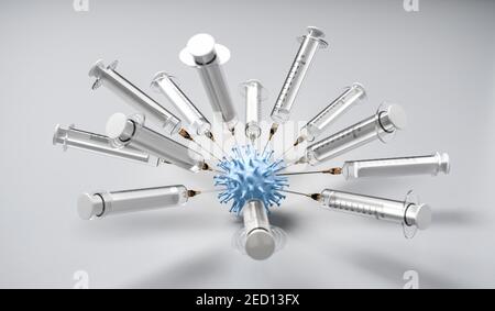 Massenimpfung gegen Covid-19-Konzept: Mehrere Spritzen stecken in einem Modell eines SARS-CoV-2-Virus. Selektiver Fokus. Stockfoto