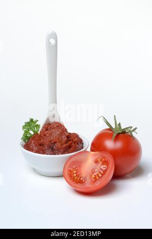 Tomatenmark mit Löffel in Schüssel, ganze und halbe Tomate auf weißem Hintergrund, Deutschland Stockfoto