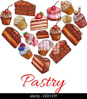 Gebäck-Label in Form von Herzen mit Vektor-Süßigkeiten Ikonen von Schokoladenkuchen und Cupcakes, Erdbeercreme Beläge, Obst und Vanille-Muffins. Decorati Stock Vektor