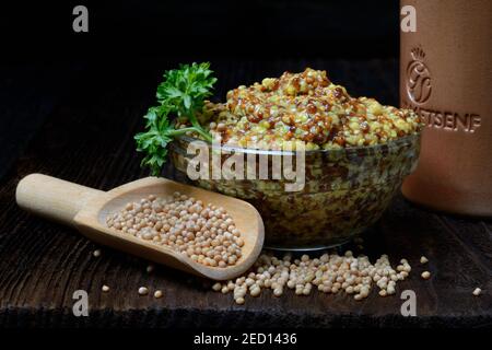 Körniger Dijon-Senf in Glasschale, Senfkörner und Holzpfanne, Frankreich Stockfoto