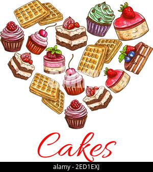 Ich liebe Kuchen. Gebäck Desserts in Herzform Etikett. Bäckerei Shop Schokoladenkuchen und Cupcakes mit Erdbeercreme Toppings, Obst und Vanille Muffins. Stock Vektor