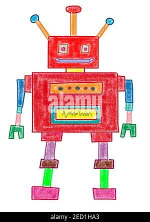 Naive Illustration, Kinder Zeichnung, bunte Roboter, Österreich Stockfoto