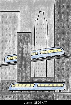 Naive Illustration, Kinderzeichnung, Blick auf die Stadt mit Wolkenkratzer und Eisenbahnwagen einer U-Bahn, Österreich Stockfoto