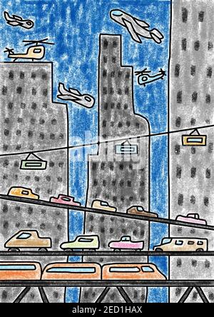 Naive Illustration, Kinderzeichnung, Blick auf die Stadt mit Wolkenkratzer und verschiedenen Verkehrsmitteln, Österreich Stockfoto