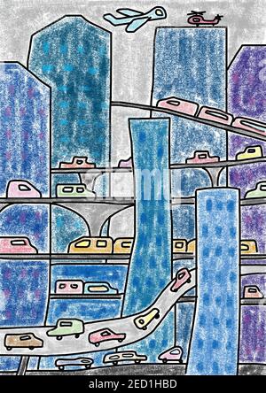 Naive Illustration, Kinderzeichnung, Blick auf die Stadt mit Wolkenkratzer und verschiedenen Verkehrsmitteln, Österreich Stockfoto