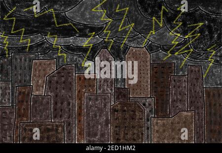 Naive Illustration, Kinderzeichnung, Blick auf die Stadt mit Wolkenkratzern und dunklen Sturmwolken mit Blitz, Österreich Stockfoto