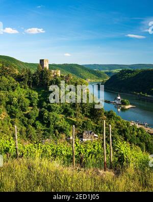 Blick auf Schloss Gutenfels am Rhein, hinten Schloss Pfalzgrafenstein, Kaub, Rheinland-Pfalz, Deutschland Stockfoto