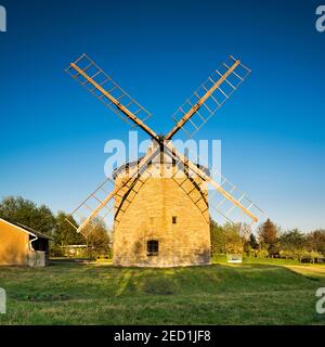 Turmwindmühle im Abendlicht, Weissensee, Thüringen, Deutschland Stockfoto