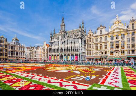 Brüssel, Belgien - 16. August 2018: Grand Place während Blütenteppich Festival. Das Thema dieses Jahres war Mexiko. Stockfoto