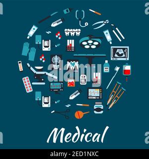 Medizinische Infografik Poster Hintergrund. Vektor-Symbole und Symbole für Gesundheitsgeräte und Therapie Spritze, Krankenschwester und Tropf, Pille und Salbe, x- Stock Vektor
