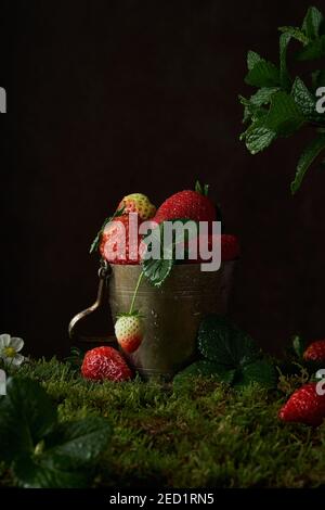 Zusammensetzung mit frischen reifen roten Erdbeeren mit Minzblättern platziert In Metallschale auf dunklem Hintergrund Stockfoto