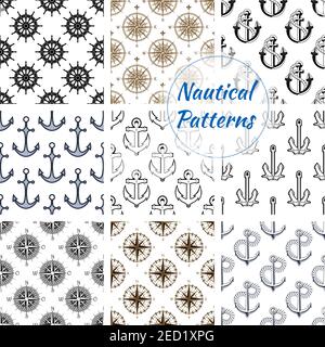 Nautische Muster gesetzt. Vektor-Muster von stilisierten Marine-Schiff Anker auf Seil-Kette, Marine-Schiff Lenkrad, Navigation Kompass Pfeile. Nautische Ba Stock Vektor