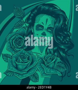 Frau Schädel mit Rosen Vektor Illustration Kunst Stock Vektor