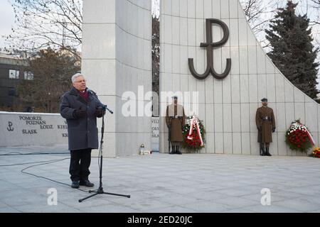 Warschau, Masowien, Polen. Februar 2021, 14th. Feier des 79th. Jahrestages der Umwandlung der Union für den bewaffneten Kampf in die Heimatarmee am Denkmal der Heimatarmee und des Untergrundstaates.im Bild: WiesÃ…''šaw Wysocki Credit: Hubert Mathis/ZUMA Wire/Alamy Live News Stockfoto