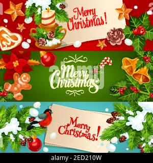 Festliches Weihnachtsbanner-Set. Holy Beere und Tannenzweige mit Weihnachtskugel, Stern, Glocke, Lebkuchen und Süßigkeiten, Bullfink, Kerze mit Kiefer und p Stock Vektor