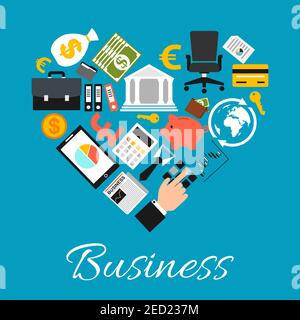Flache Business-Ikonen in Herzform kombiniert. Vektor-Elemente von Chef Stuhl, Kreditkarte, Smartphone, Business-Charts, Bank, Euro-Dollar-Geld, Pin cod Stock Vektor