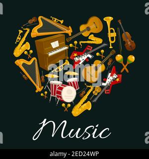 Musik-Emblem von Musikinstrumenten in Herzform. Vector Label mit Muster von Musikinstrumenten für Jazz, Rock, Bossa Nova, Blues, Pop, Electro-mus Stock Vektor