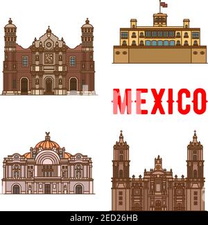 Sehenswürdigkeiten und Sehenswürdigkeiten von Mexiko. Basilika unserer Lieben Frau von Guadalupe, Schloss Chapultepec, Palast der Schönen Künste Mexiko, Kathedrale der Metropole. Stock Vektor