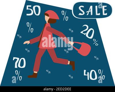 Frau mit Tasche läuft zum Verkauf. Illustration für Verkauf Design. Vektor flache Illustration Shopping-Zeit. Stock Vektor