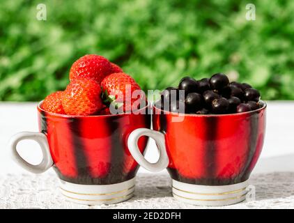 Erdbeeren und schwarze Johannisbeeren in einem Becher, Konzept Sommer im Dorf Stockfoto