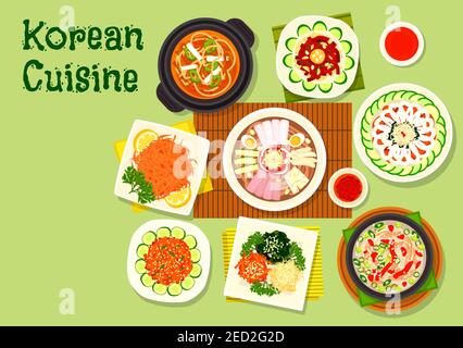 Koreanische Küche Asiatische Gerichte Ikone mit kalten pjöngjang-Nudeln, Kimchi-Schweinefleischsuppe, rohem Kabeljau und Rinderhacke, mariniertem Gemüsesalat, Entensuppe, getrocknetem Fisch Stock Vektor